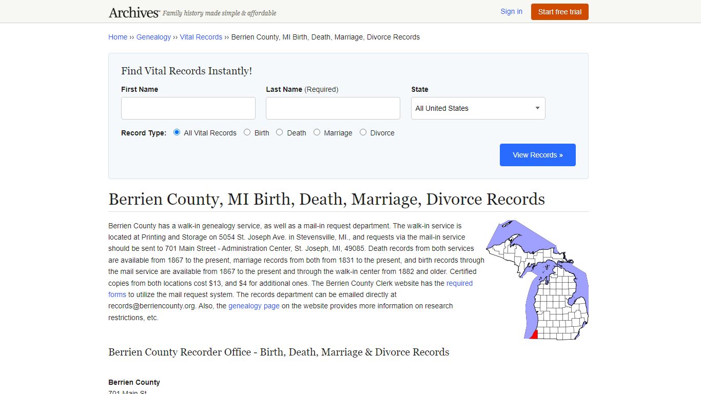 Berrien County, MI Birth, Death, Marriage, Divorce Records - Archives.com